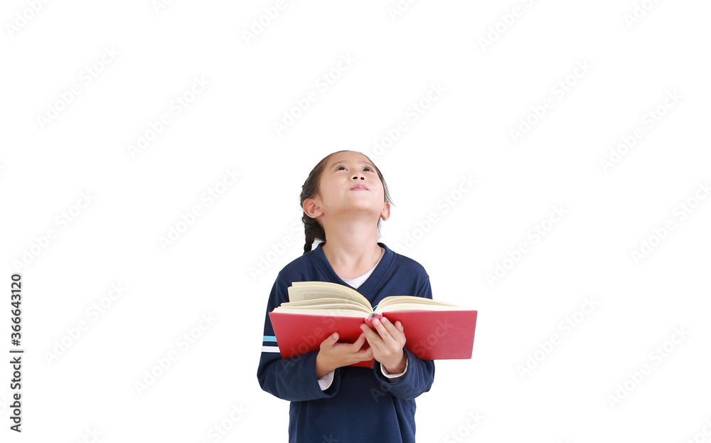 Portrait of asian girl casual school uniform holding open book with looking up isolated over white background in studio shot. Education concept Portrait of asian girl casual school uniform holding open book with looking up isolated over white background in studio shot. Education concept