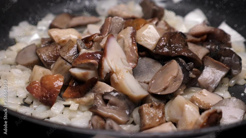 Cooking mushrooms on frying pan. Throwing mushroom in dish. Nobody Cooking mushrooms on frying pan. Throwing mushroom in dish. Nobody