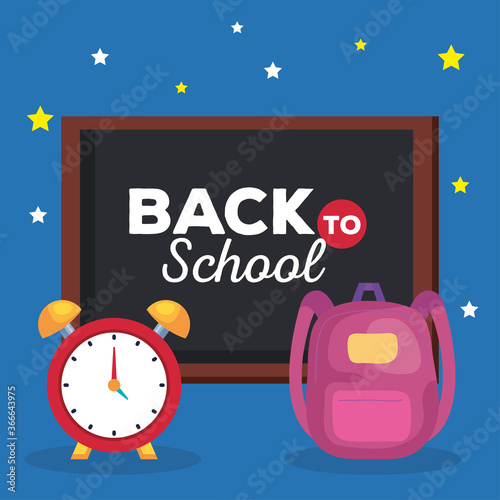 back to school banner, alarm clock with chalkboard and backpack