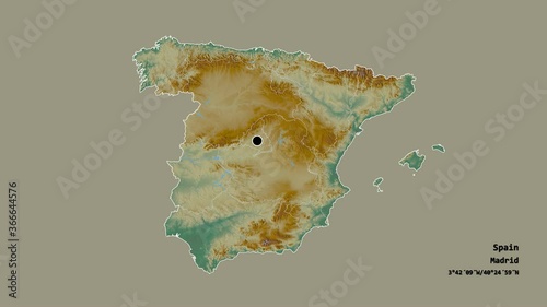 Extremadura, autonomous community of Spain, with its capital, localized, outlined and zoomed with informative overlays on a relief map in the Stereographic projection. Animation 3D photo