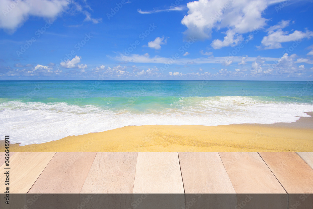Fototapeta premium Wood table bar and beach background