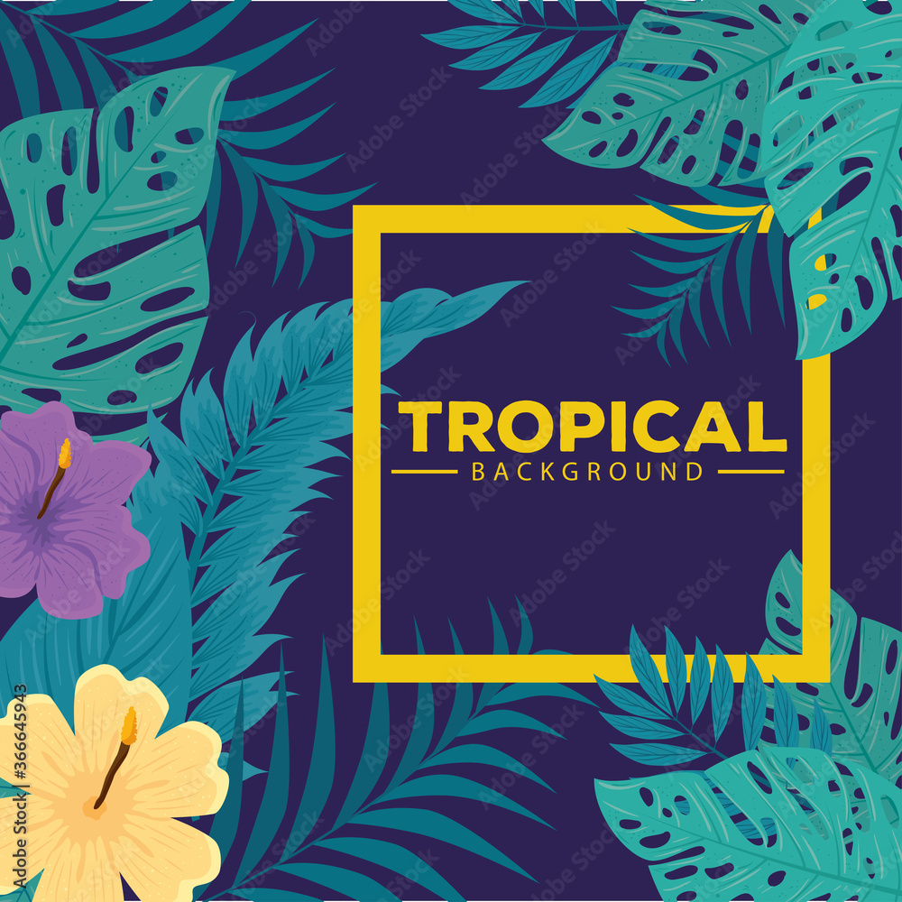 Fototapeta tropikalne tło, hibiskusowy kolor żółty i fioletowy, z gałęziami i liśćmi roślin