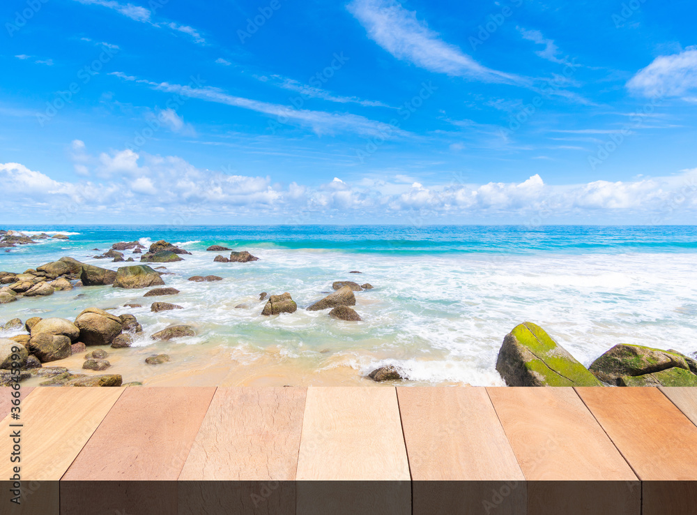 Fototapeta premium Wood table bar and beach sea in summer day