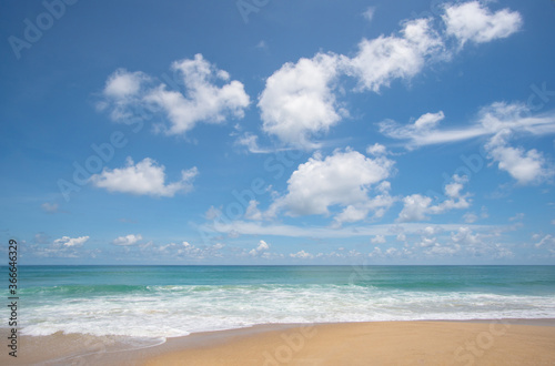 Landscape Beach Sea, Phuket, Thailand. Landscape view of beach sea sand and sky in summer day. Beach space area. At Karon Beach, Phuket, Thailand. On 20 August 2020.  © BUDDEE