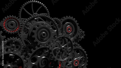 Mechanism black-red gears and cogs at work on spot light background. Industrial machinery. 3D illustration. 3D high quality rendering.