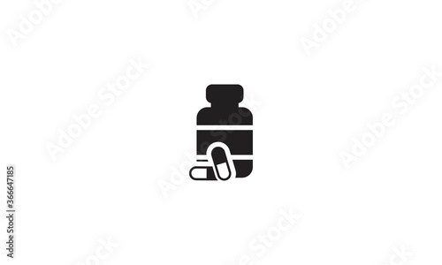 Drugstore. Medicine bottle and pills. Medicament. Black and white icon. Vector illustration