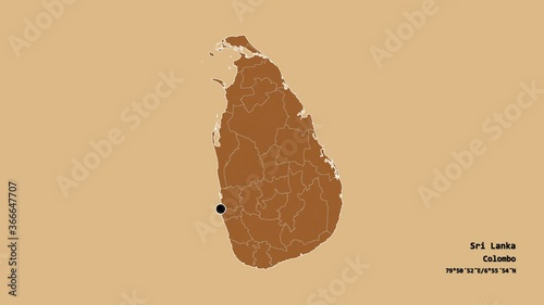 Moneragala, district of Sri Lanka, with its capital, localized, outlined and zoomed with informative overlays on a solid patterned map in the Stereographic projection. Animation 3D photo