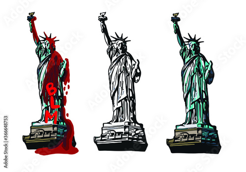 collection of statue of liberty vector illustration, black and white line art design, color flat design and vandalized statue with the acronym BLM, reference to anti racism protests in the USA.