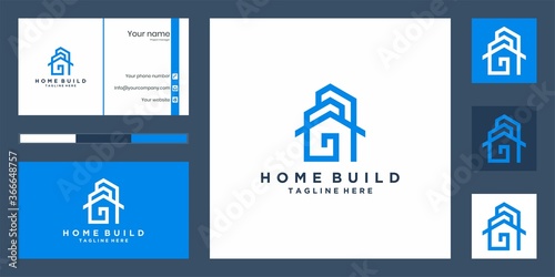 home Build logo designs in elegant art lines. logo design and business card set. Premium vector