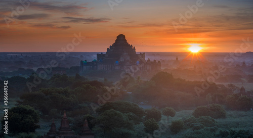 Pagoda landscape of Bagan in misty morning, Pagoda landscape under a warm sunrise in the plain of Bagan