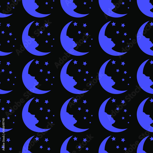 Moon and face blue on black background, seamless pattern, texture for design, vector illustration