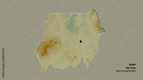 Sennar, state of Sudan, with its capital, localized, outlined and zoomed with informative overlays on a relief map in the Stereographic projection. Animation 3D photo