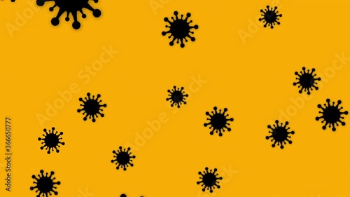 2D Animation of floating Corona virus icons on a yellow background