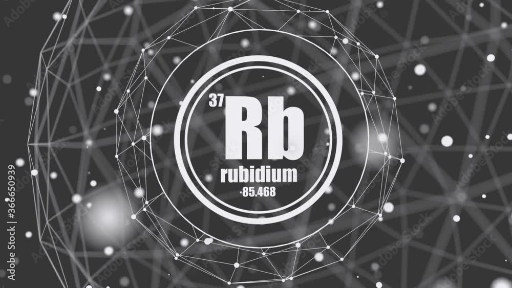 Rubidium chemical element. Sign with atomic number and atomic weight. Chemical element of periodic table. Molecule and communication background. Connected lines with dots.