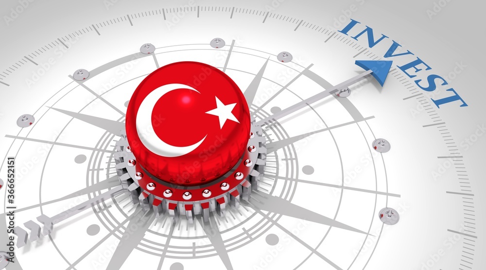 Business concept. Abstract compass points to the invest word. Flag of the Turkey. 3D rendering Business concept. Abstract compass points to the invest word. Flag of the Turkey. 3D rendering