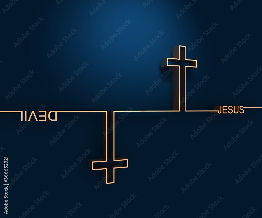 Jesus vs Devil. Confrontation of well and evil. Cross and text. Thin line style. 3D rendering