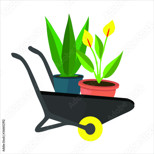 wheelbarrow loaded with potted plants and flowers, garden tool, flat design, vector illustration