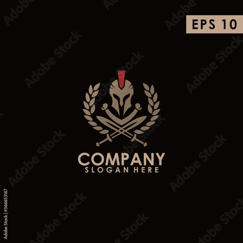 Sparta Gladiator Head Logo With Sword And Leaf Design Vector Template With Luxury