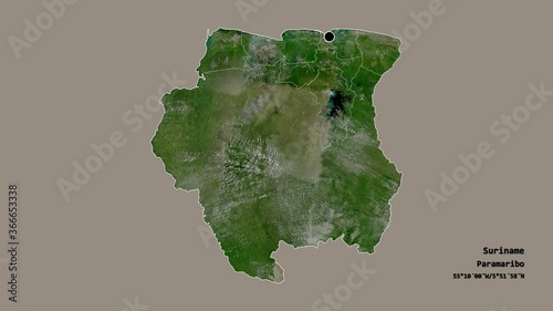 Para, district of Suriname, with its capital, localized, outlined and zoomed with informative overlays on a satellite map in the Stereographic projection. Animation 3D photo