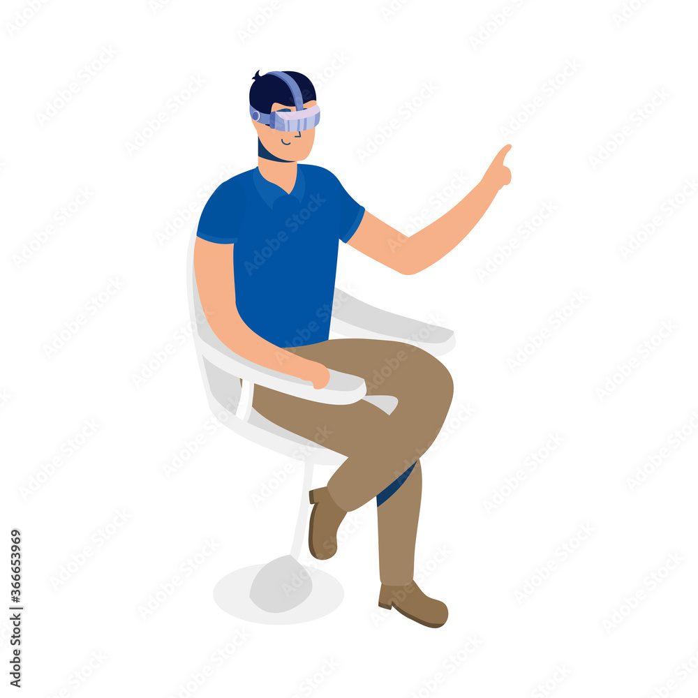 young man using reality virtual tech in chair