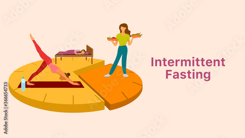 Intermittent fasting concept. 8 hours of eating period and 16 hours of fasting period. A woman doing yoga, having meal and sleeping on divided clock. Vector illustration, flat design
