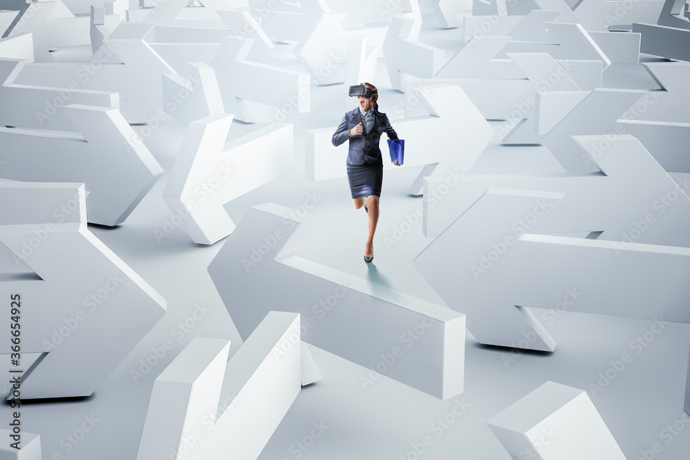 Business woman in virtual reality goggles and maze . Mixed media Business woman in virtual reality goggles and maze . Mixed media