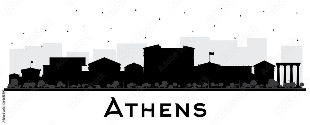 Athens Greece City Skyline Silhouette with Black Buildings Isolated on White.