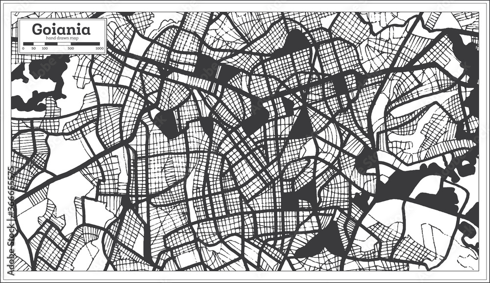 Goiania Brazil City Map in Black and White Color in Retro Style. Outline Map.