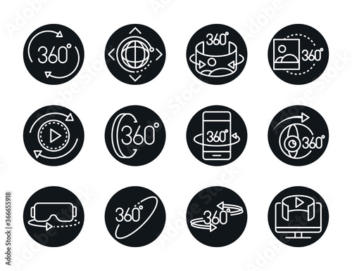 360 degree view virtual tour image panorama linear style icons set design