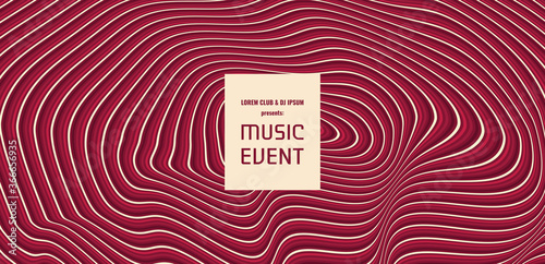 Music event invitation template. Abstract striped background with optical illusion.  3D vector illustration for cover, poster, flyer or banner.