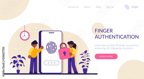 Finger Authentication Concept. Fingerprint screening security system, fraud detection, Biometric access control. Modern flat illustration.
