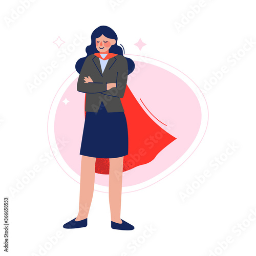 Businesswoman Wearing Red Waving Cape Standing with Folded Hands, Successful Superhero Business Person Character, Leadership, Challenge Goal Achievement Vector Illustration