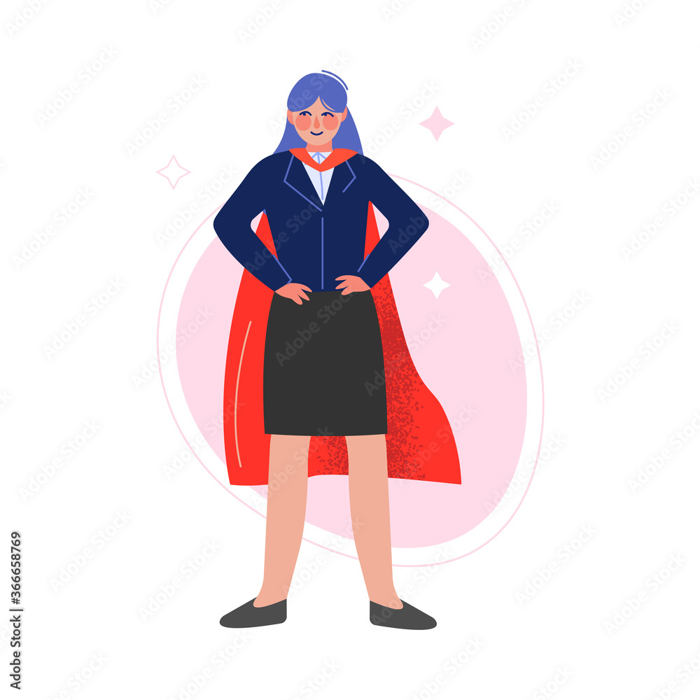 Super Businesswoman in Red Cape Standing with Hands on Her Waist, Successful Superhero Business Character, Leadership, Challenge Goal Achievement Vector Illustration