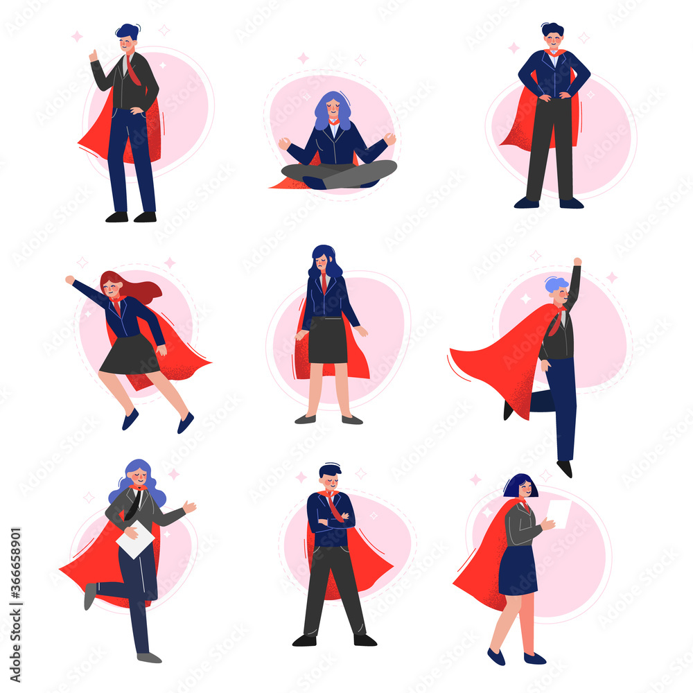 Super Businesspeople in Red Capes Collection, Successful Superheroes Business Characters, Leadership, Challenge Goal Achievement Vector Illustration