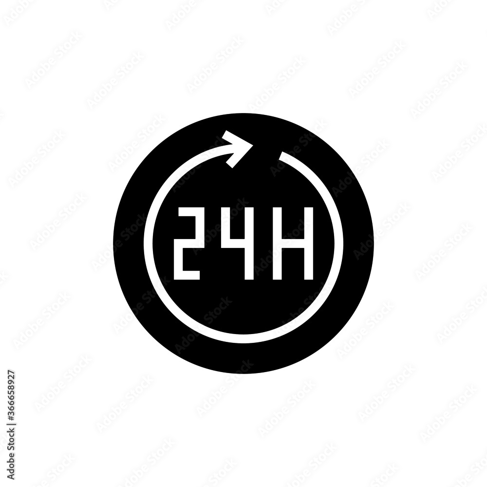 24 Hours open icon in black flat glyph, filled style isolated on white background 24 Hours open icon in black flat glyph, filled style isolated on white background