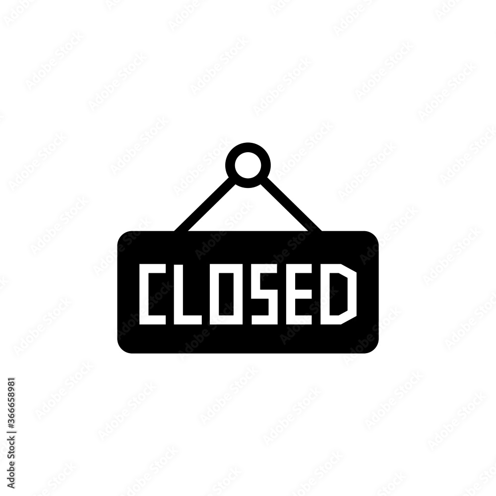 closed shop icon, close store icon, close hanging board icon in black flat glyph, filled style isolated on white background closed shop icon, close store icon, close hanging board icon in black flat glyph, filled style isolated on white background