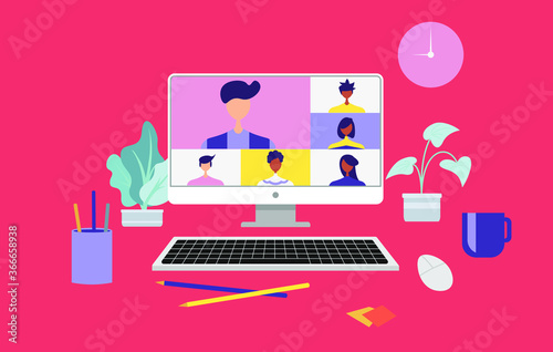 Work from home and work from anywhere concept, people connecting together, video conference remote working on laptop computer, learning or meeting online with teleconference, flat vector illustration
