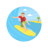 Guy Riding Surfboard Landing Page Template, Surfing Club Website Banner, Homepage Vector Illustration