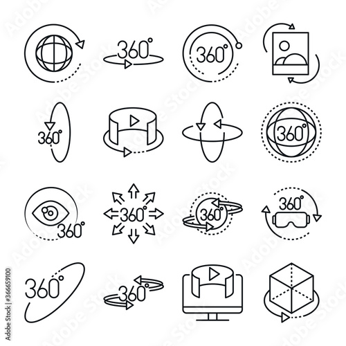 360 degree view virtual tour image panorama linear style icons set design