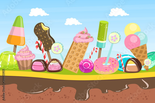 Sweet Candy Land, Fantasy Landscape with Desserts, Ice Cream and Sweets Vector Illustration