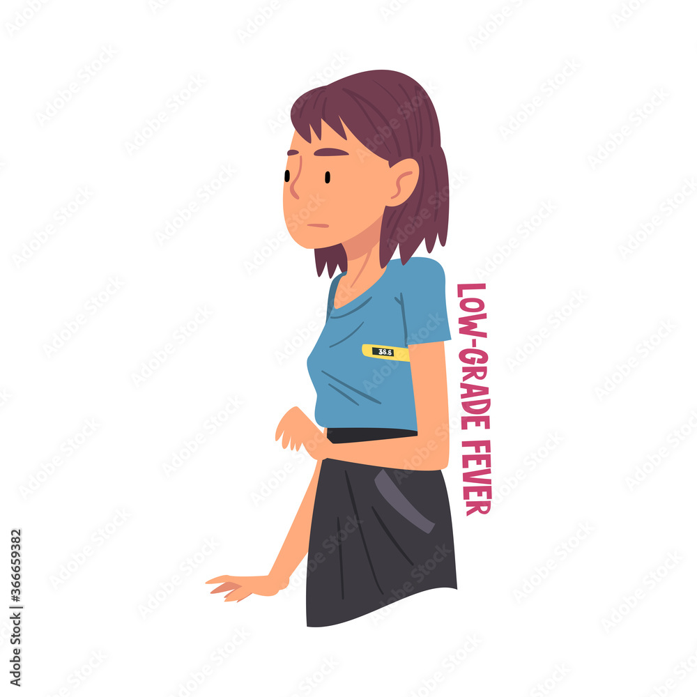 Cold Symptom, Girl Having Low Grade Fever, Medical Treatment and Healthcare Concept Cartoon Style Vector Illustration
