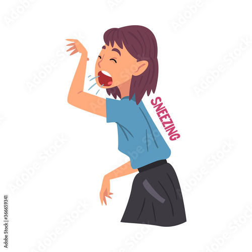 Cold Symptom, Sneezing Girl, Cold Symptom, Medical Treatment and Healthcare Concept Cartoon Style Vector Illustration