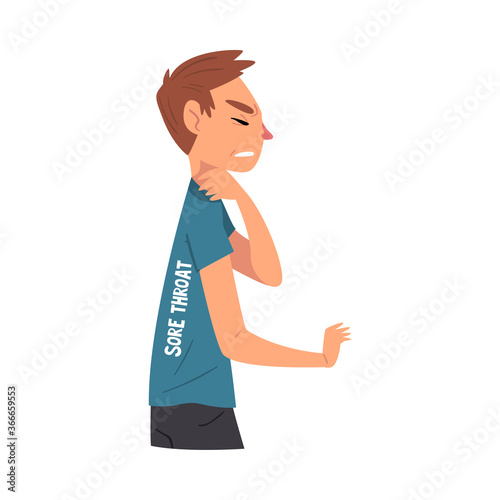 Cold Symptom, Man Suffering from Sore Throat, Medical Treatment and Healthcare Concept Cartoon Style Vector Illustration