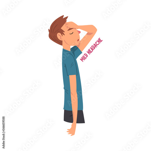 Cold Symptom, Man Having Mild Headache, Medical Treatment and Healthcare Concept Cartoon Style Vector Illustration