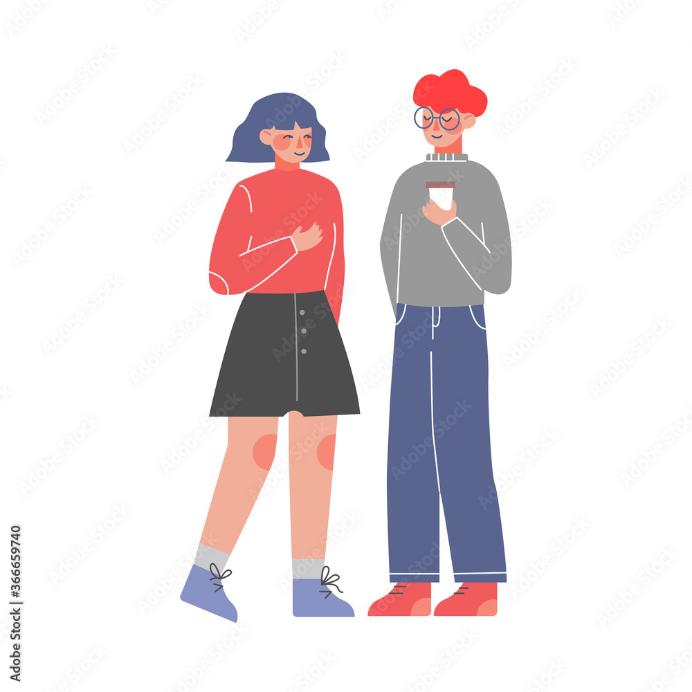 Young People Talking to Each Other, Meeting of Friends or Colleagues, Guy Drinking Coffee Vector Illustration on White Background Young People Talking to Each Other, Meeting of Friends or Colleagues, Guy Drinking Coffee Vector Illustration on White Background