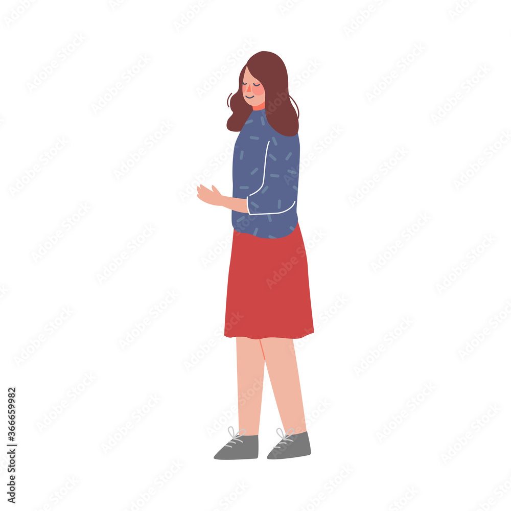 Girl Talking and Gesturing, Side View, Young Woman in Casual Clothes at Meeting Vector Illustration on White Background Girl Talking and Gesturing, Side View, Young Woman in Casual Clothes at Meeting Vector Illustration on White Background