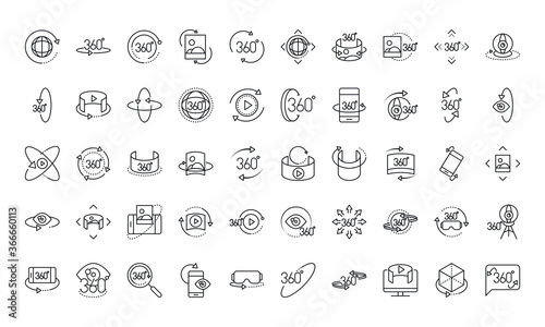 360 degree view virtual tour image panorama linear style icons set design