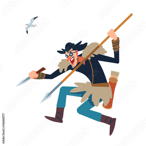 Viking. Mad wiry long Viking warrior with spear and dagger attacks from above. Design concept with flat human character. Cartoon vector illustration