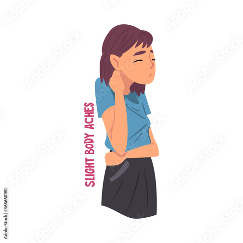 Cold Symptom, Girl Suffering from Slight Body Aches, Medical Treatment and Healthcare Concept Cartoon Style Vector Illustration Isolated on White Background