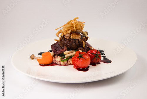 beef steak, lamb  with vegetables